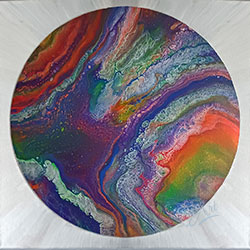 Lillian Cozart - summer rainbow flow 24x24 acrylic on canvas - rainbow colored swirls in a circle surrounded by silver