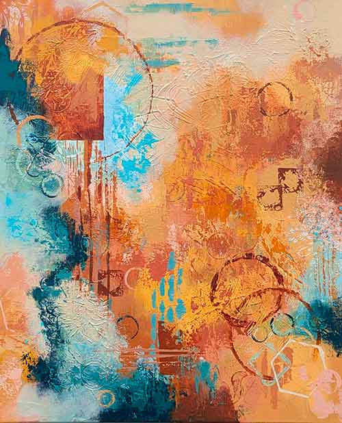 abstract in a variety of turquoise, yellow, deep orange, and pink