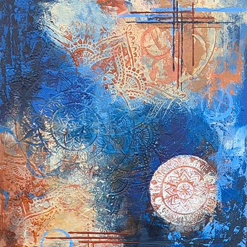abstract in a variety of turquoise, yellow, deep orange, and aqua green