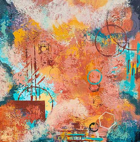 abstract in a variety of turquoise, yellow, deep orange, and pink