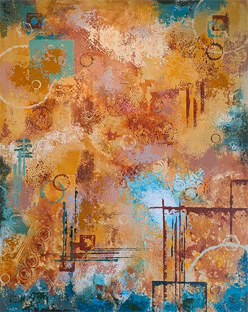 abstract in a variety of turquoise, yellow, deep orange, and aqua green