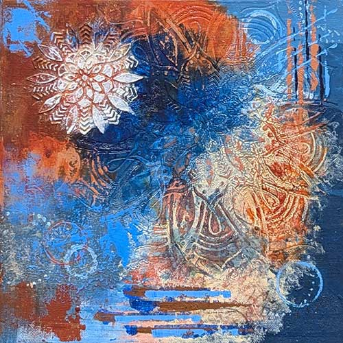 abstract in a variety of turquoise, yellow, deep orange, and aqua green