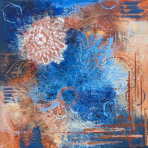 abstract in a variety of turquoise, yellow, deep orange, and aqua green