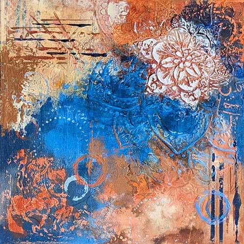 abstract in a variety of turquoise, yellow, deep orange, and aqua green