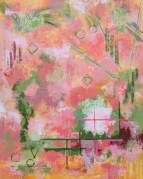 abstract in a variety of purple, magenta, green, yellow, and cream