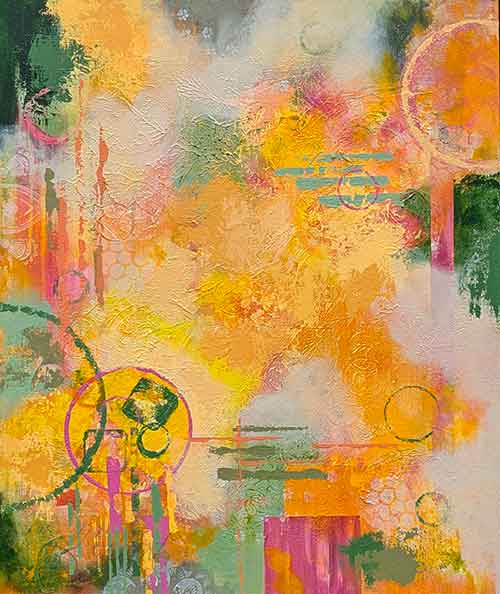 abstract in a variety of yellow, cream, green, and touches of pink