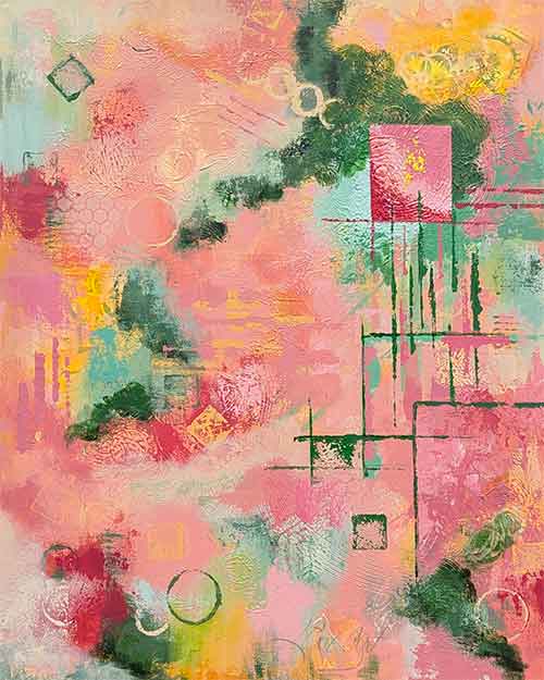 abstract in a variety of pink, cream, yellow, red, and green