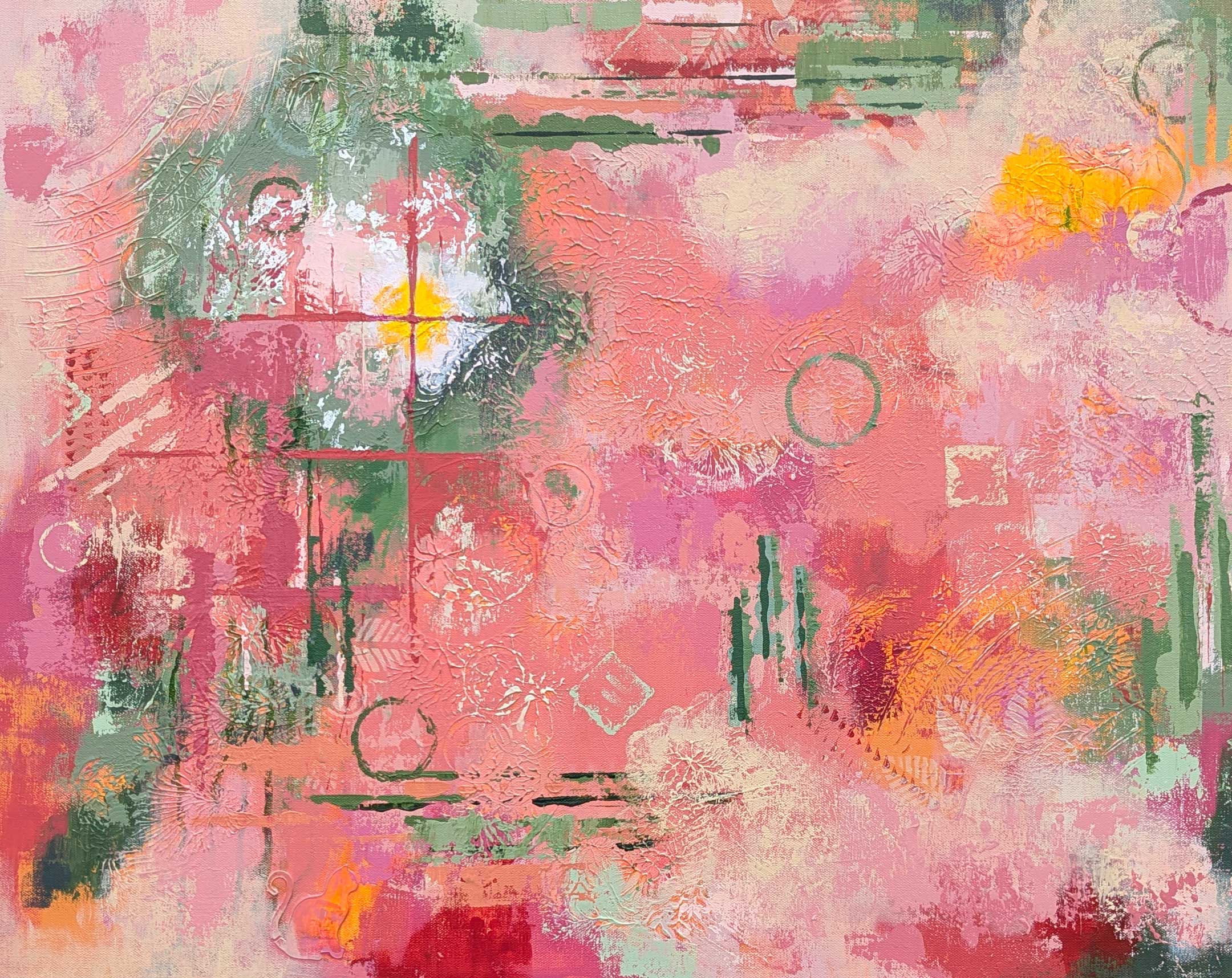 abstract in a variety of pink, coral, green, and cream