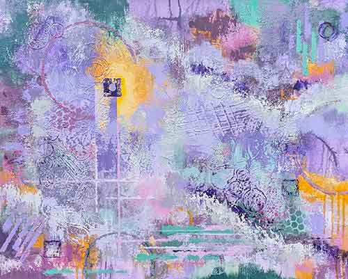 abstract in a variety of purple, magenta, green, yellow, and cream