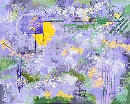 abstract in a variety of purple, magenta, green, yellow, and cream