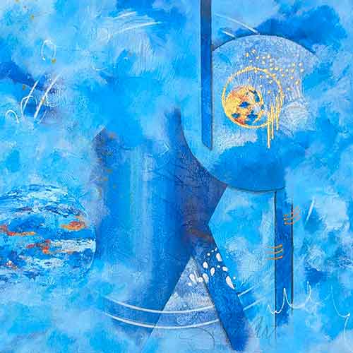 abstract in a variety of blues, gold, and orange