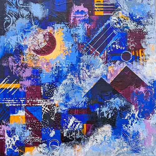 abstract in a variety of blues, violet, yellow, and cream
