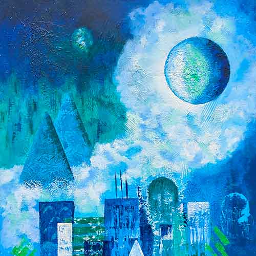 abstract in a variety of blues, green, white, and touches of lightest yellow