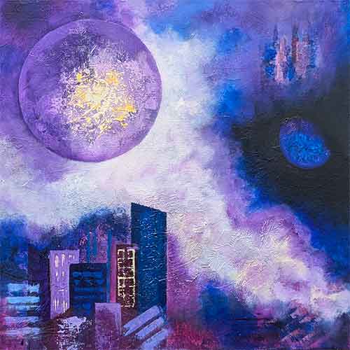 abstract in a variety of purple, blue, magenta, and buttery yellow