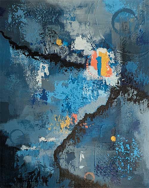 abstract in a variety of blues, grays, with touches of white, orange, and yellow