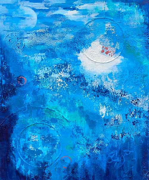 abstract in a variety of blues, aqua, white, and touches of deep pink