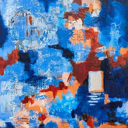 abstract in a variety of blues, orange, and cream
